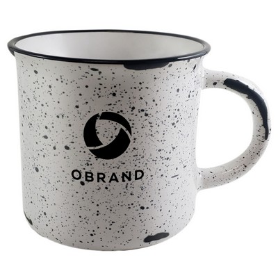 Campfire 16oz white mug with black distress trim black speckles in Ripple gift box