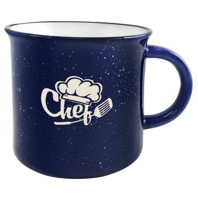 Campfire 16oz cobalt/white mug with black distress trim white speckles in Ripple gift box - Etch