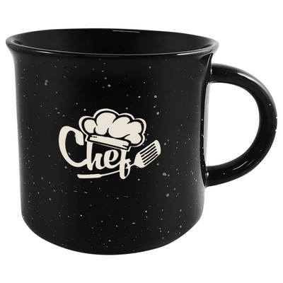 Campfire 16oz black mug with black distress trim white speckles in Ripple gift box - Etched