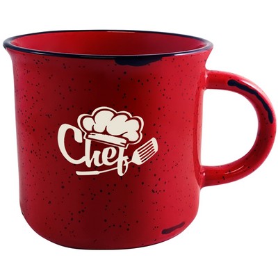 Campfire 16oz red mug with black distress trim white speckles in Ripple gift box - Etched
