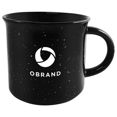 Campfire 16oz black mug with black distress trim white speckles in Ripple gift box